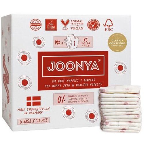 Joonya Baby Diapers, Size 1 XS (4-9 lb) - 6 Bags of 32 (192) - Non Toxic, Eco-Friendly, High Absorbency, Overnight Use, Ultra Slim - Made in Denmark