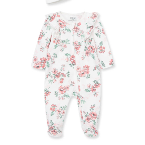 Whimsical Floral 2-Way-Zip Footed One-Piece And Hat