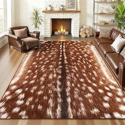 AROGAN Premium Deer Rug for Bedroom 4×6 Feet, Machine Washable Animal Hide Print Area Rug, Large Non-Slip Faux Fur Deer Skin Rugs Carpet for Office Living Room Dinner Room Home Decor
