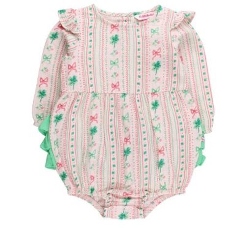 RuffleButts Baby Girls Cotton Gauze Long Sleeve Flutter Bubble Romper - Clover Bows & Wishes, 3-6m