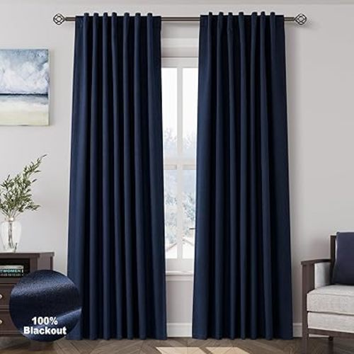 Nanspring Navy Blue 100% Blackout Linen Curtains 84 Inch Length 2 Panels Set for Bedroom Back Tab Modern Luxury Nautical Decor Black Out Curtain for Living Room Office Thermal Insulated Drapes 52x84