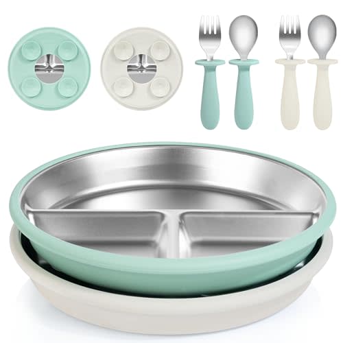 Bella’s Friends Baby Feeding Set, 2 Pack Stainless Steel Divided Plate with Silicone Suction, 2 Set Spoons and Forks, BPA Free, Dishwasher Safe, Baby Led Weaning Supplies, Toddler Utensils,beige green