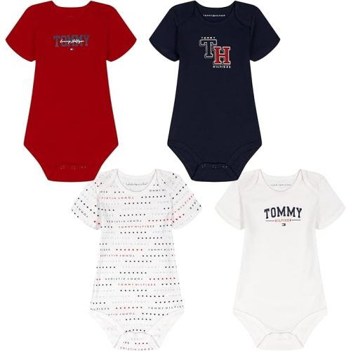 Tommy Hilfiger Baby Boy's 4-Pack Short Sleeve Bodysuit, Red/Navy/White, 6-9 Months