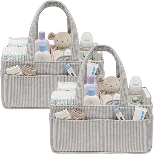 Baby Nappy Caddy Organiser Stylish Corduroy Nursery Storage Basket with Handle for Newborn Essentials, Baby Shower and Diaper Station Sand (Grey, 2Pcs)