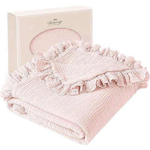 Konssy 100% Cotton Muslin Baby Blanket with Ruffle Trim for Girls, 43"x39"