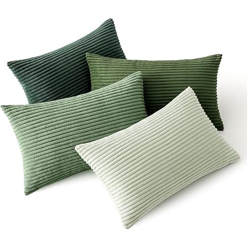 MIULEE Summer Boho Farmhouse Sage Green Throw Pillow Covers 12x20 Inch Set of 4 Mordern Nordic Cushion Covers Soft Corduroy Home Decor for Couch Bed Sofa Living Room Forest Green