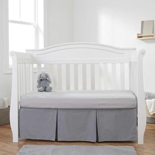 EVERYDAY KIDS Light Gray Pleated Crib Skirt; 100% Natural Cotton Nursery Crib Bedding Skirt for Baby Boys and Girls; Crib Dust Ruffle with Split Corners for Easy On and Off, 14 Inch Drop