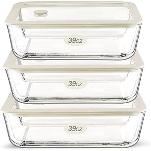 Urban Green Glass Food Container Set with Glass Lid, 3 Pack, Food Storage Containers Set, Airtight, LeakProof, 100% Plastic Free, Meal Prep Containers (White Color)