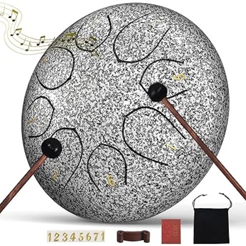 Rain Drum for Outside Garden, 6 Inches 8 Notes Steel Tongue Chakra Drums, Waterproof Meditation Rain Chime, Musical Instruments for Adult Gift with Bag, Music Book, Drum Mallets (Star Sliver)