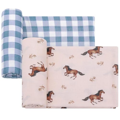 LifeTree Baby Swaddle Blankets, Boys Girls Muslin Swaddling Wrap Receiving Blanket for Newborn, 70% Viscose from Bamboo and 30% Cotton, Large 47" x 47", Horse and Blue Checkered Pattern