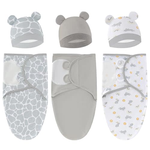 Exemaba Baby Swaddle Sleep Sack with Hat Set for 0-3 months 3-Pack Soft Cotton Newborn Wearable Swaddle Wrap for Girls Boys