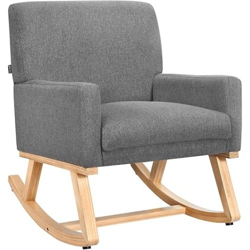 Giantex Upholstered Rocking Chair with Fabric Padded Seat and Solid Wood Base, Comfortable Rocker for Living Room, Bedroom, Study Room, Office Rocking Armchair (Gray)