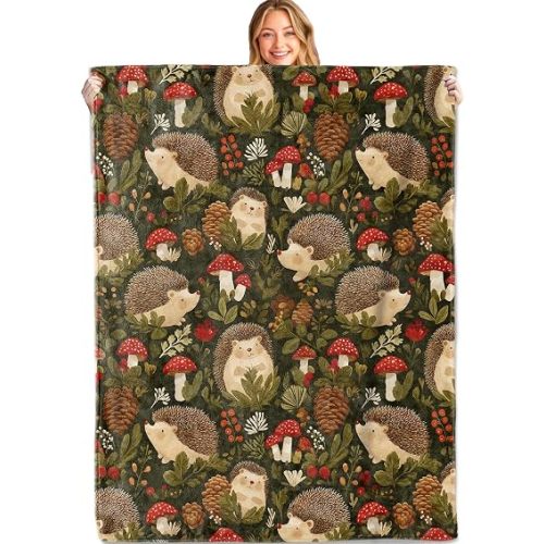 Cute Hedgehog Woodland Blanket Soft Lightweight, Retro Forest Mushroom Style Flannel Throw Blankets for Couch Sofa Camping Office Travel Home Bedroom Decor, Kids Women Gifts 60"X50"