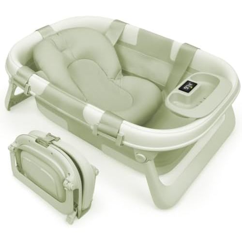 Jool Baby Foldable Baby Bathtub – Portable for Travel – Thermometer (Sage)