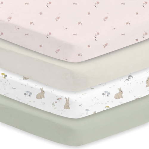Little Grape Land Crib Sheets 4 Pack for Baby Boys Girls, Soft Breathable Fitted Sheets Fit 52" x 28" Crib & Toddler Mattresses, Rabbit
