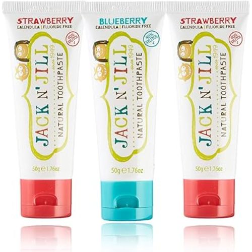 Jack N' Jill Natural Kids Toothpaste - 2 Strawberry & 1 Blueberry - Organic, Gluten Free, Vegan, BPA Free, Fluoride Free, SLS Free, Dairy Free - Making Toothbrushing Fun for Kids - 1.76 oz (Pack of 3)
