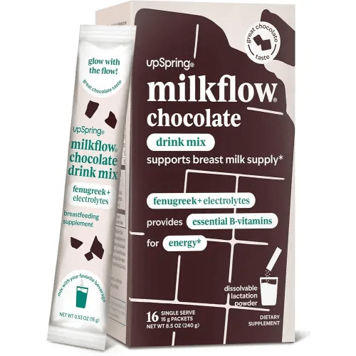 UpSpring Milkflow Breastfeeding Supplement Drink Mix with Fenugreek and B Vitamins to Support Breast Milk Supply and Energy, Chocolate Flavor, 16 Drink Mixes