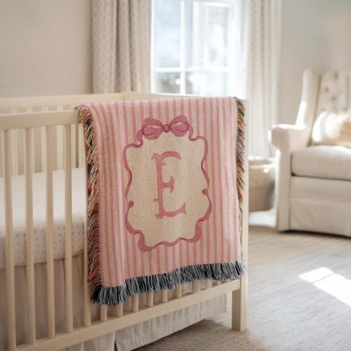 Personalized Baby Blanket with Name Initial Vintage Pink Striped Woven Monogram Throw, Custom Nursery Blanket, Baby Shower Newborn Gift