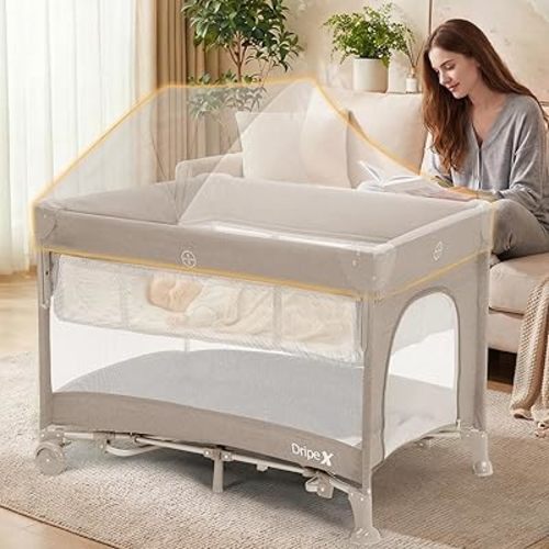 Dripex 5 in 1 Pack n Play with Bassinet, 2-Level Height Bedside Crib, Storage Pocket & Breathable Mesh - Foldable Portable Baby Playard for Newborn to Toddlers (Travel/Home), Khaki