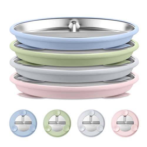 Vesteel 4-Piece Stainless Steel Toddler Plate with Suction, 9" Divided Dinner & Snack Plates with Removable Silicone Sleeves for Kids, Non Slip & Dishwasher Safe, Blue/Pink/Green/Grey