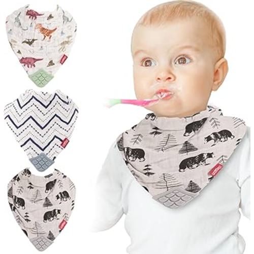 Nuby Baby Bibs - 3 Pc Muslin Bibs - Reversible 100% Natural Cotton Teething Accessory for Girls and Boys, Baby Essentials