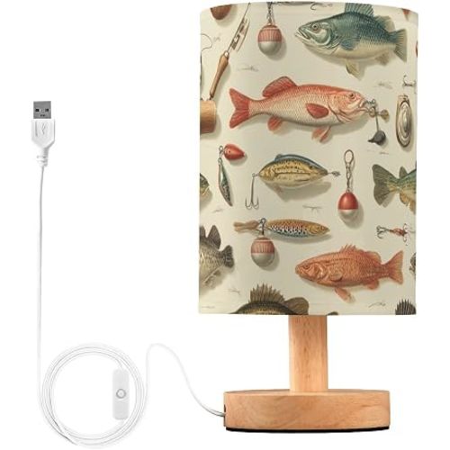 Vintage Fishing Gear Fish Bedside Table Lamp Small Desk Lamps Linen Fabric Shade Decorative Nightstand Lamp LED with USB Port Wood Base for Bedroom Living Room