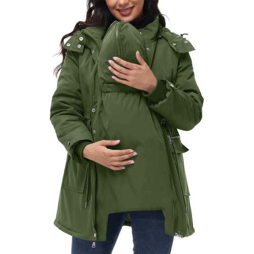 FAVIPT Maternity Coats for Women Thickened Quilted Winter Warm Hooded Jacket with Baby Carrier Pocket Zip Up 3-in-1 Plain Outerwear Green,XXL