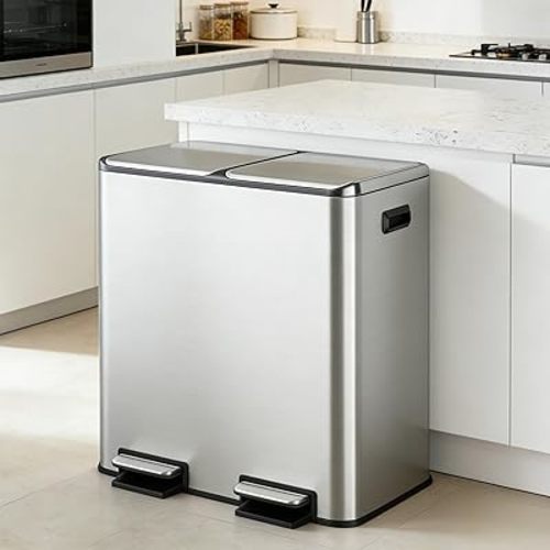 WLIVE 2 x 8 Gallon Dual Compartment Trash Can Stainless Steel, Pet-Proof Double Garbage Can Kitchen with Lid, Inner Buckets and Deodorizing Filter Box, Trash and Recycle Bin Combo, Silver