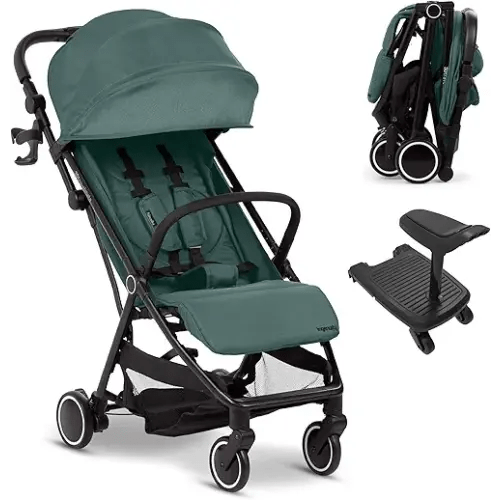 Ingenuity 3D Travelmate Pro Lightweight Travel Stroller with Fold-Away Ride-On Board for Toddlers, Airplane Overhead Bin Compatible, Car Seat Ready, One-Hand Fold