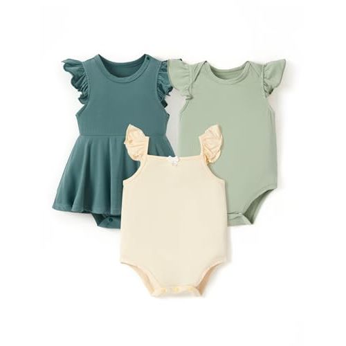 PATPAT Baby Girl Bodysuits - Soft Bamboo Viscose - Flutter Sleeves Cute Dress - Newborn Infant Summer Clothes - 3 Pack