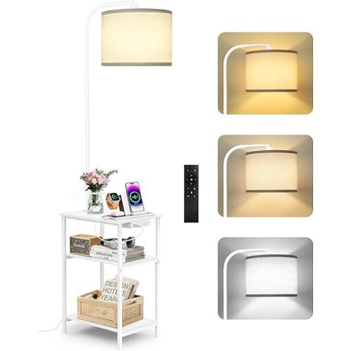 OUTONLIFE Floor Lamp with Table & Remote, Side End Table with Charging Station, Dimmable Nightstand with 3 Color Temperatures, 1-Hour Timer, 12W LED Bulb, for Living Room, Bedroom(White)