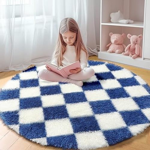 KICMOR Round Rugs 5ft Blue and Cream White Circle Area Rug, Fluffy Soft Fuzzy Shag Shaggy Bedroom Living Room Carpet, Indoor Checkered Circular Rug for Kids Boys Girls Home Decor Aesthetic, Nursery