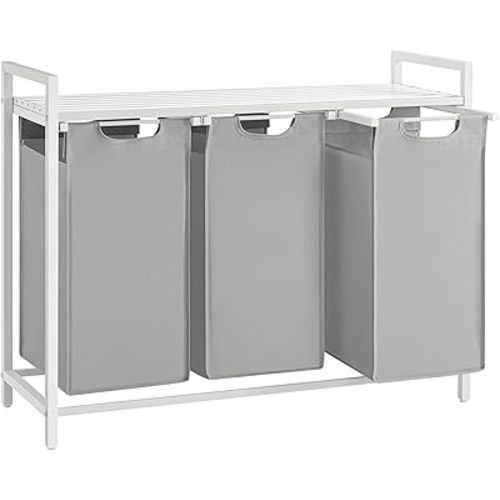 VASAGLE Laundry Hamper, Laundry Basket, Laundry Sorter with 3 Pull-Out and Removable Bags, Shelf, Metal Frame, 3 x 10.6 Gallons (40 L), 36.4 x 13 x 28.4 Inches, Dove Gray and Cloud White UBLH301W03