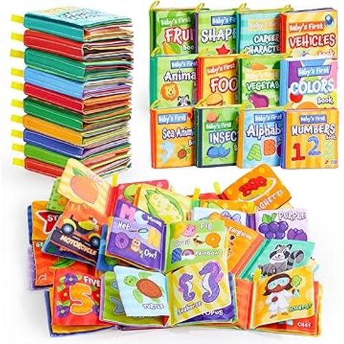 JOYIN 12 Pcs Bath Books, Nontoxic Fabric Soft Crinkly Cloth Books, Waterproof, Bathtub Pool and Early Education First Toys for Infant Newborn Baby Toddlers Kids Birthday Gifts