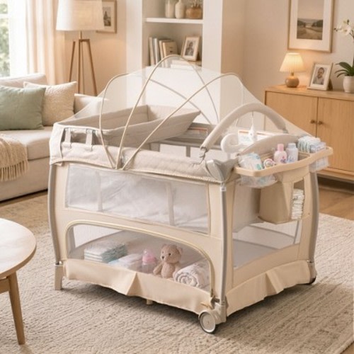 TODECARE 5-in-1 Baby Playard with Bassinet, Bedside Sleeper, Changing Table, Canopy & Side Zipper, Portable Baby Playard
