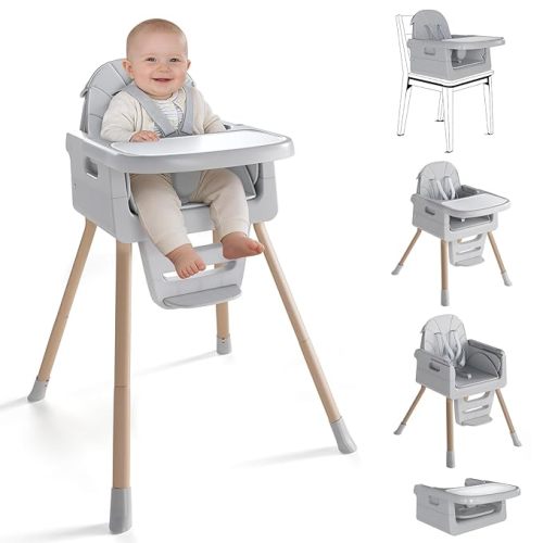 Baby High Chair for 6 Months+, Foldable High Chairs for Babies and Toddlers, Convertible Toddler Chair, Adjustable Tray & Footrest, Lightweight, Stable & Easy to Clean(Grey with Wood Grain)