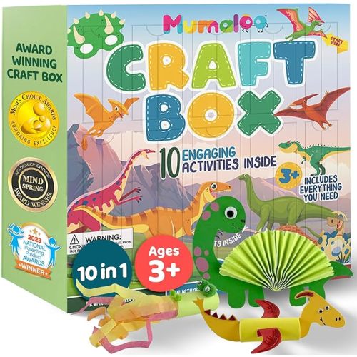Mumaloo Dinosaur Craft Box - 10 Creative Arts and Crafts for Kids Ages 4-8, Fun, No Mess, Educational, Toddler, Preschool & Homeschool Activities Kit with Supplies, 3 4 5 6 7 8 Year Old Girls and Boys