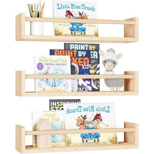 Floating Nursery Book Shelves, 3 Pack Wood Floating Shelves for Kids Room, Small Wood Book Shelf Wall Mounted for Baby Boys Girls, Toy and Decor Storage for Bedoom (Natural Wood)