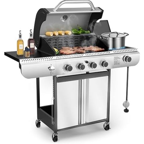 Electactic 4-Burner Gas Grill with Side Burner,Stainless Steel Propane Grill with Porcelain-Enameled Grills,Built-In Thermometer,42000BTU BBQ Grill for Outdoor Cooking and Patio Barbecues