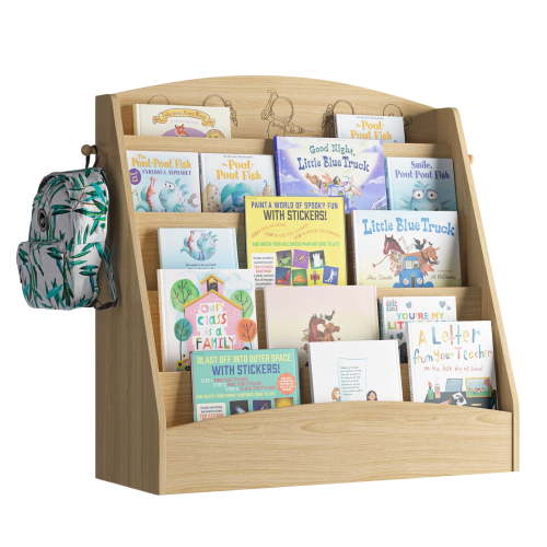 Hironpal 5-Tier Kids Bookshelf, Montessori Toddler Bookcase with 2 Bag Hooks,Cute Cartoon Design for Kids Rooms,Natural Wood