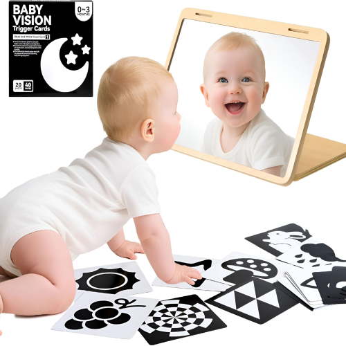 BESTSKY 2026 New Tummy Time Mirror for Baby Baby Floor Mirror with High Contrast Black and White Cards Infant Safe Mirror Toy for Newborn for Nursery,Playroom,Bedroom