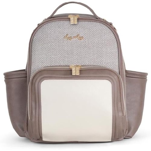Itzy Ritzy Mini Diaper Bag Backpack – Chic, Compact Mini Plus Backpack with Changing Pad, 10 Pockets (6 Internal, 4 External), Grab-Top Handle & Rubber Feet (Vanilla Latte)