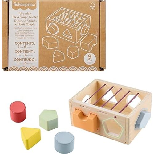 Fisher-Price Wood Baby Toy Flexi Shape Sorter, 7-Piece Wooden Activity with Elastic Bands for Infants & Toddlers Ages 9+ Months