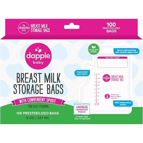 Dapple Breast Milk Storage Bags with East Pour Spout, Leakproof Double Zipper, BPA-Free, Pre-Sterilized, Temperature Sensor, Freezer-Safe, Pump Directly Into Bag, 8oz, 100ct