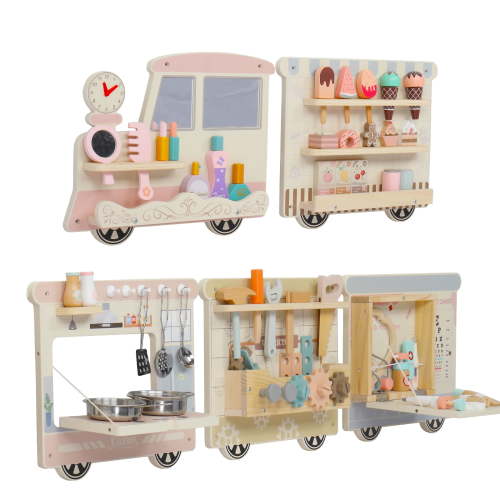 Zimtown Train Wooden Activity Wall Busy Board, Montessori Sensory Wall Panel for Toddlers, 5 in 1 Learning Activitie Center, Gift for Kids 2-6 Year Olds, Playroom Toy for Boys and Girls