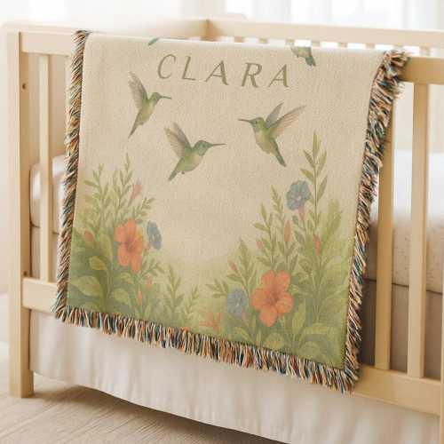 Personalized Humming Bird Baby Tapestry, Custom Baby Shower Gift, Toddler Nursery Decor, Girl Boy Throw Blanket, Hummingbird Watercolor Art