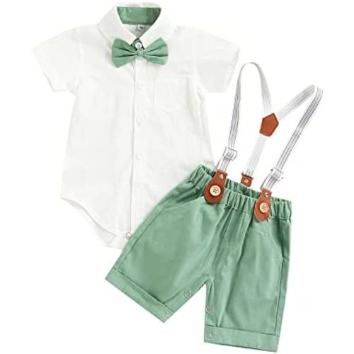 Qiylii Infant Baby Boys Short Sleeve Bowtie Buttons Bodysuit Shirts Suspender Shorts Casual Summer Clothes
