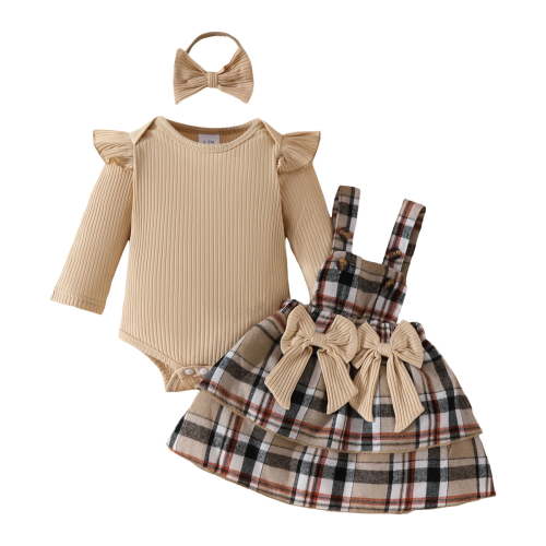Karoyedx Fall Romper Baby Girl Clothes Outfits Fall Winter Infant Dress Romper Cute Suspender Skirt Headband 3Pcs Khaki Size,9-12 Months