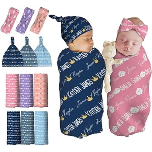 Personalized Baby Swaddle, Hat, and Bow Headband for Girls and Boys With Name - Custom Blankets for Infants - Unique Gifts and Items