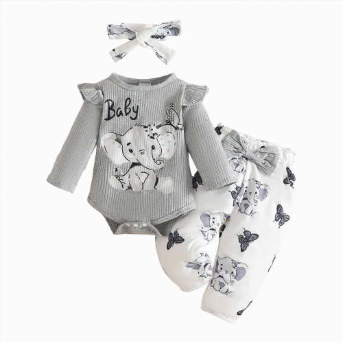 ORT Baby Girl Fall Outfits Long Sleeve Ruffled Ribbed Knit Romper Daisy Print Pants Winter Clothes 3 6 9 12 18 Months(Grey,3-6 M)